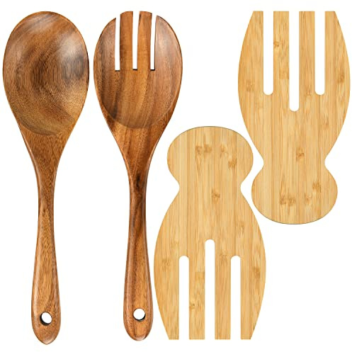 Salad Servers Salad Hands Set, Wood Salad Tongs, 10.2in Salad Spoon Fork and 7.1in Salad Hands Set, Salad Server Set for Mixing, Tossing and Cooking
