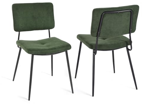 MEUBLE COSY Lot de 2 Chaises de Salle à Manger Rétro Vintage avec Dossier Assise Rembourrée en Tissu Pieds en métal pour Cuisine Salon Chambre Bureau, Vert, 54x45x82cm