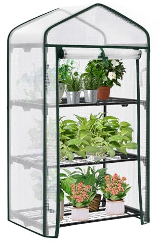 WOLTU Serra da Giardino a 3 Ripiani, Serra da Balcone con Porta Avvolgibile, Telo in PE Impermreabile, Tetto a Punta, Telaio in Metallo Bianco, 69x49x125 cm