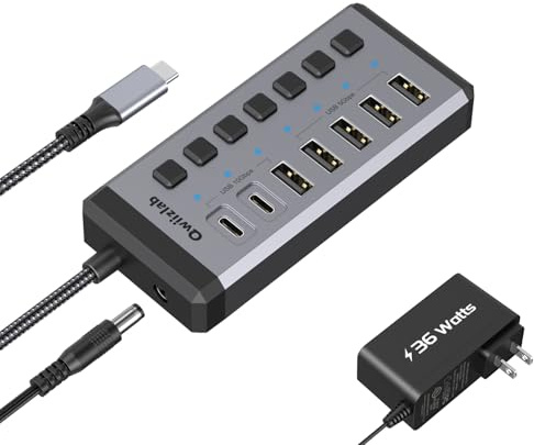 Qwiizlab 36W Powered USB3.2 Hub, 7 Ports with 2 USB-C 10Gbps, 1 USB-A 10Gbps, 4 USB-A 3.0, Power Adapter 12V/3A, Aluminum Multiport Expander for Desktop PC, Laptop, Surface Pro and Mac