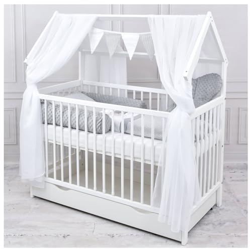 Generisch Baby Delux Babybett Komplett Set Hausbett 60x120 cm weiß Schublade Rausfallschutz Kinderbett Matratze Bettwäsche Deko Set (Loving Bears)