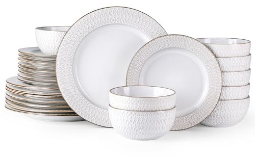 GBHOME Ceramic Dinnerware Sets, 24 pcs Embossed Elegant Stoneware Plates and Bowls Sets, Housewarming Wedding Gift | Dishwasher & Microwave Safe | Dishes Set Service for 8