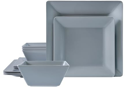 TP 12-Piece Melamine Dinnerware Sets, Plates and Bowls Dishes Set for 4, Break-Resistant & Non-Microwavable, Lightweight Square Dinner Plates, Grey