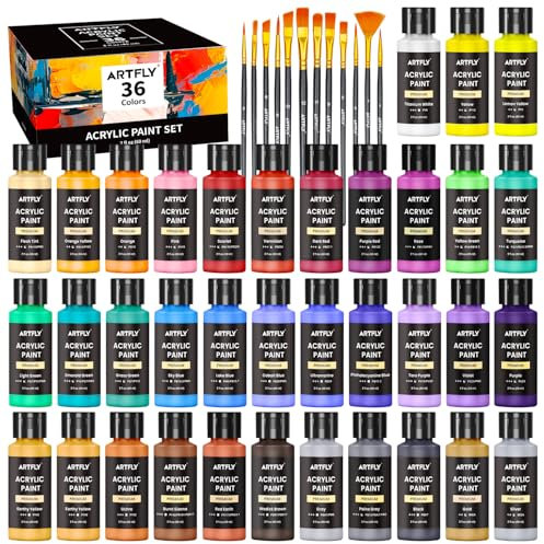 ARTFLY Acrylfarben Set, 36 Farben (2oz/60ml), 12 Pinseln, ungiftig, Acryl Farben wasserfest Reiche Pigmente für Künstler, Student, Erwachsene auf Steine, Leinwand, Holz, Ton, Keramik, Kunsthandwerk