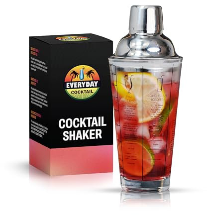EVERYDAY COCKTAIL - Professional Glass Cocktail Shaker 14 oz, Martini Shaker with Recipes and Measurements, Built-in Strainer and Leakproof Seal, Clear Bar Tool for Margaritas, Martinis