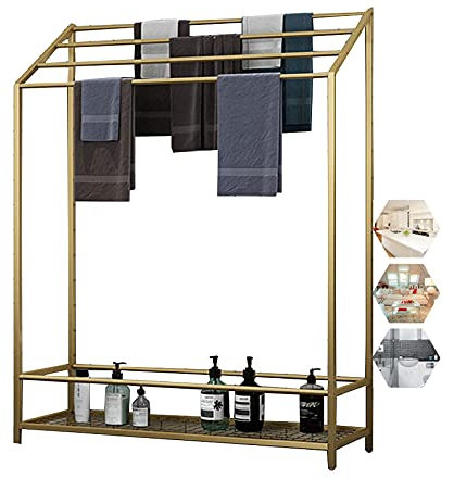Sta Porte-serviettes de salle de bain en acier avec étagère de rangement autoportante pour serviettes de bain sur pied Échelle Noir/doré 60 x 25 x 120 cm
