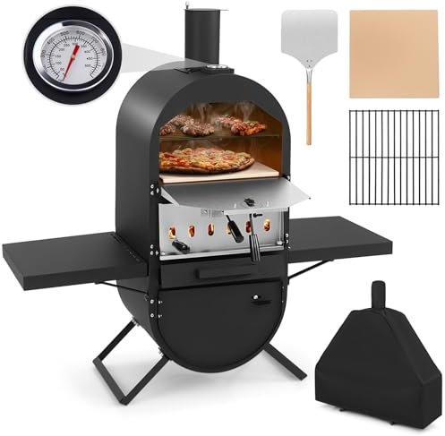 GYMAX Four à Pizza à Bois de 2 Couches, Four à Pizza Extérieur, Cuisson Facile avec Thermomètre, Température Max. 400℃, avec Gril de Barbecue, Pierre à Pizza, Pelle à Pizza, Housse de Protection