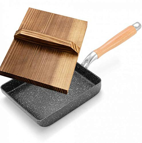 HAODUOO Padella Giapponese Tamagoyaki, Padella for frittata for Piano Cottura e Piani Cottura a induzione, Padella con Coperchio in Legno e spatola in Silicone, Padella Nera Wok