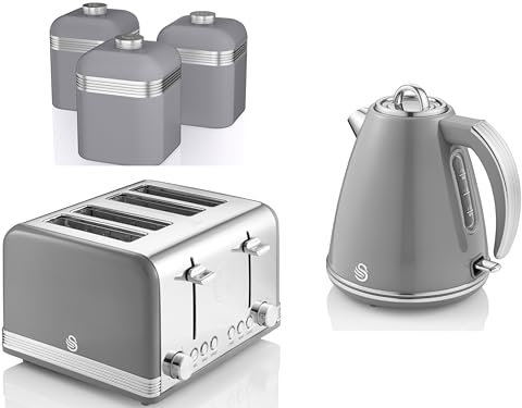 Swan Retro Grey 1.5L 3KW Jug Kettle, 4 Slice Toaster & Tea, Coffee & Sugar Canisters. Matching Retro Design Kitchen Set of 5 in Grey