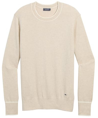 vineyard vines Women's Cotton Cashmere Heritage Tipped Crew Neck, Oatmeal Heather, Small