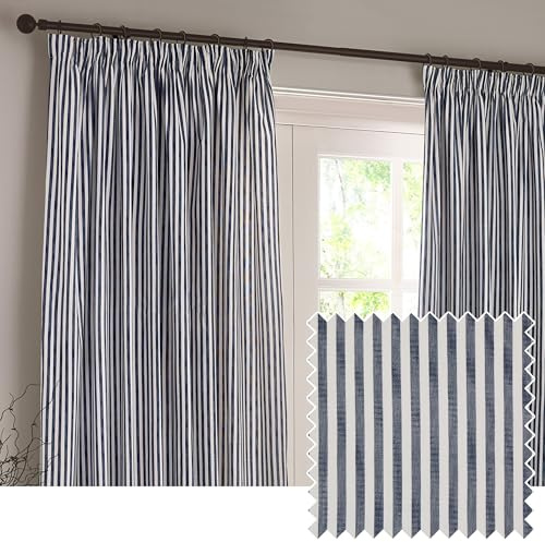 Yard Hebden Pencil Pleat Curtain Pair – Ultra Soft Cotton Lined Striped Curtains (Navy - 168x183cm)