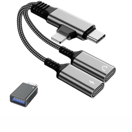 Genérico 2 en 1 adaptador USB C/Lightning con cable de 3,5 mm a doble USB hembra para MacBook Air Pro, iPad Pro, Galaxy - OTG (Gris)