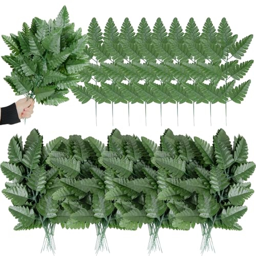Artificial Silk Fern Leaf Picks Fake Fern Leaves with Stem for Cemetery Flowers Arrangement Floral DIY Crafting Wedding Bouquets Decoration (100Pcs, Dark Green)