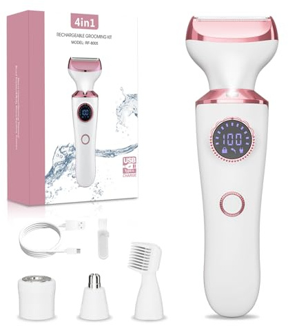 Maquinilla de afeitar eléctrica para mujer, recortadora de bikini 4 en 1 y afeitadora corporal para cara, piernas, axilas, vello púbico, recargable, húmedo/seco, sin dolor, con luz LED y bloqueo de