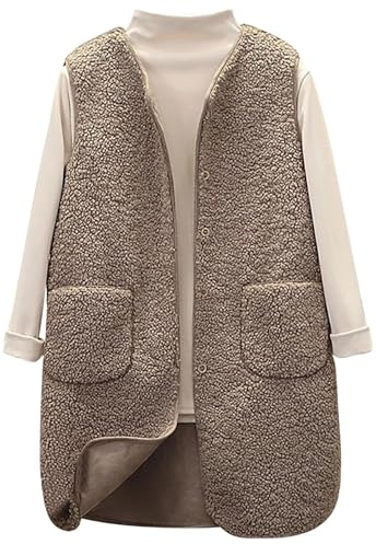 Yutdeng Gilet Donna Lungo in Morbido Pile Smanicato Elegante Invernale Cappotto Senza Maniche Gilet Termico con Bottoni Autunno Caldo Peluche Giacca Leggeri Scollo a V Giubbotto con Tasche