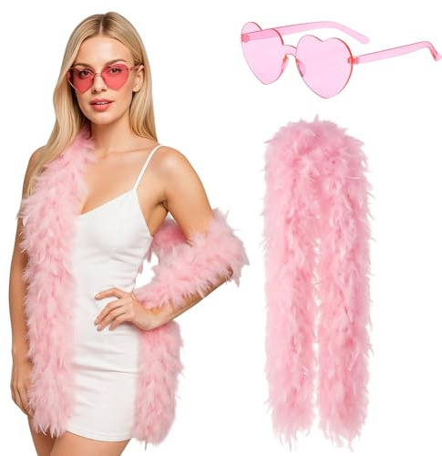 HcrYen Pink Feather Boa, Feather Boa, 2m Long Feather Boas With Glasses, Festival Accessories, Stage Performance, Themed Party, Photography Prop, Christmas Decoration