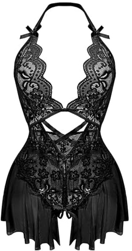 Rayson Lingerie Donna Sexy Pizzo Floreale Babydoll Senza Schienale Scollo V Profondo Body Rete Camicia da Notte(nero)