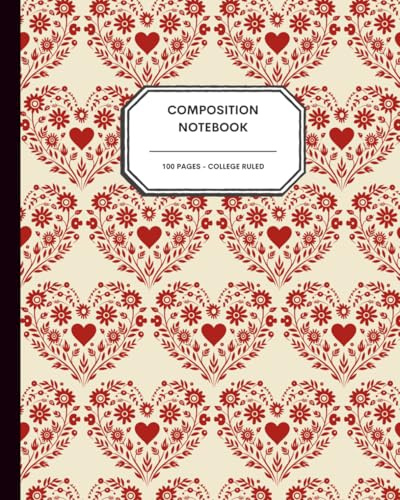 Romantic Scandinavian Folk Art Heart Notebook – 8x10” – 100 College Ruled Pages – Traditional Nordic Red Heart Pattern on Off-White for Writing, Journaling & School