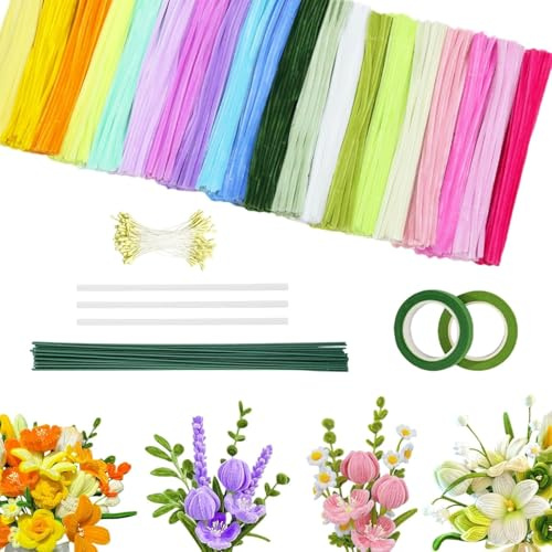 500 Stück Pfeifenputzer zum basteln, 20 Farben Pfeifenreiniger Blumen Set, Pipe Cleaner mit 25 Stück Blumendraht Grün, Klebeband, Geeignet als Geschenk zum Valentinstag und Weihnachten