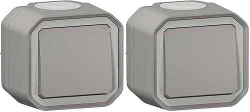 LEGRAND - Interrupteur Mural Etanche Simple ou Va-et-vient 10A Plexo - Commande d'Éclairage Complète Prête à Installer - Pose en Apparent - Fabriqué En France - Gris (Lot de 2)