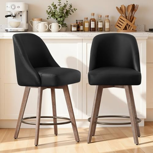 Bekrvio 360°Drehbarer Barhocker 2er Set, Barhocker mit Lehne 65cm Sitzhöhe,Tresenhocker, Drehhocker,Küchenstühler mit Holzbeinen & Fußstütze, Gepolsterter Sitzfläche Kunstleder Barstuhl