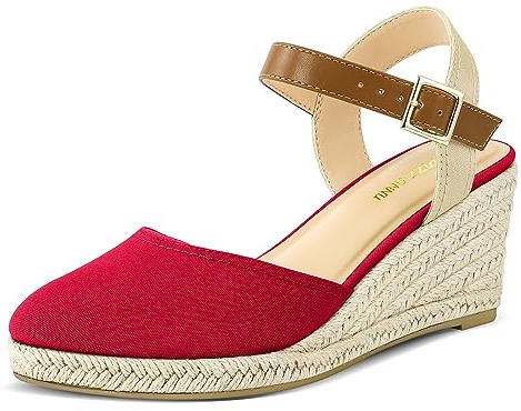 PIZZ ANNU Women's Espadrille Low Wedge Heel Sandals with Buckle Ankle Strap Close Toe Casual Dressy Summer Platform Shoes, Red 6