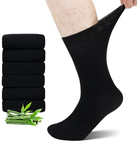 LOFIR Calzini Diabetici Uomo e Donna: Calze Sanitarie in Bambù Senza Cuciture Senza Elastico Morbido per Piedi Gonfi e Anziani 6 Paia Taglia 43-46 Nero