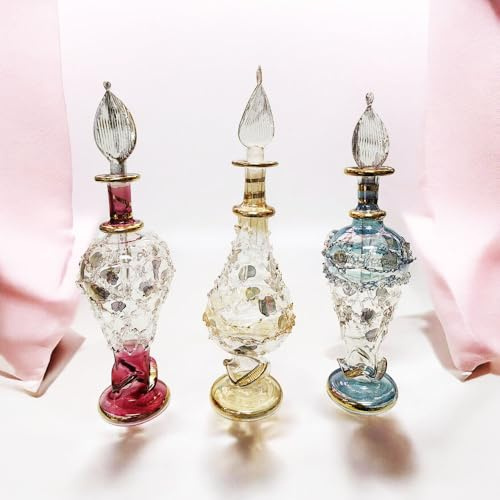 1 Bote de Cristal Soplado Artesanal – Frasco Decorativo con Tapón para Perfume o Aceites Esenciales – Hecho a Mano en Egipto – 15 cm Aprox. (Modelo Aleatorio)