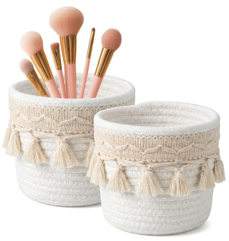 2 Stück Makramee-Make-Up-Pinselhalter, 10 × 10 cm Make-Up-Organizer Boho | Kosmetikpinselhalter, Mini Aufbewahrungskorb, Makramee Dekorkörben Bleistiftbox BehäLter, von Pinseln Und Schreibwaren (Weiß)