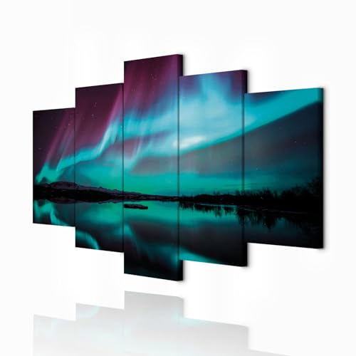 decomonkey Wandbilder Polarlicht 225x112.5 cm 5 Teilig Leinwandbilder blau | Bild auf Leinwand, Kunstdruck, Wanddeko, Wohnzimmer, Wanddekoration, Landschaft, Nordlicht, schwarz, türkis