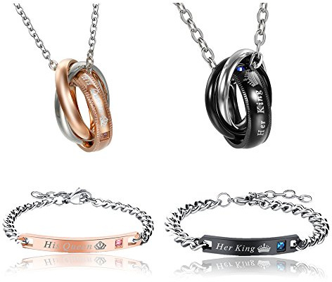 Flongo Paar-Schmuckset Partner Armbänder + Partner Halsketten Paar Geschenke Edelstahl-Halskette und -Armband mit Gravur Halskette mit Ring Geschenke für Jahrestage, Valentinstage, Geburtstage