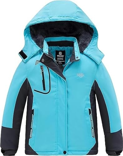 Wantdo Flickor berg skidjacka varm vinter fleece rock vattentät andas regnrock utomhus huvor jackor, blå, 152 cm