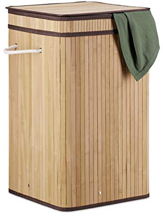 Relaxdays Cesto Ropa Sucia con Tapa, Cubo Colada, Cuadrado, Canasta, Bambú, 70 L, 63 x 36 x 36 cm, Natural, Beige, 70 Litros