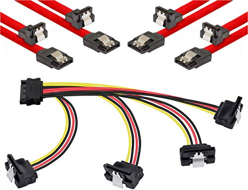 Poppstar SATA-kabel set (raka kontakt till 90° vinklad kontakt) 4 x 0,5 SATA 3-kabel, röd + 20 cm 4 förgrenings-Sata Y strömkabel
