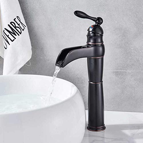 YHSGY Antike Messing Waschbecken Wasserhahn Aufsatz Wasserfall Auslauf Waschbecken Mischbatterie Einzigen Handgriff Heiß Kaltwasser Mischer Schwarz Wasserhahn