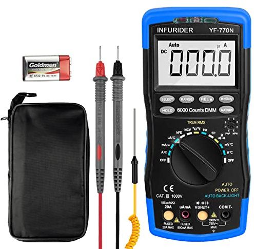 Multimètre Numérique 6000 Comptes INFURIDER YF-770N Testeur de Tension à Plage Automatique AC DC Amp Volt Ohm Mètre pour Capacité, Continuité et Diode, Multi-testeur avec Protection Mécanique