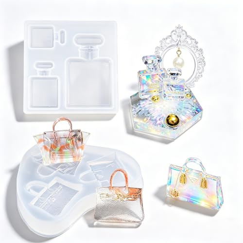 iSuperb 2pcs Stampo in Silicone Resina Sacchetti Borsa Stampo in Cristallo Bottiglie di Profumo Resina Epossidica Resin Molds per fai da te Gioielli, Portachiavi, Casa Decorazioni (Bottiglie+Borse)