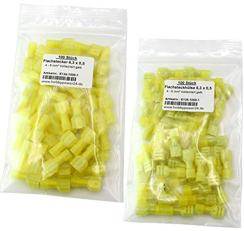 200 Stück SET Flachstecker männlich Flachsteckhülsen weiblich Gelb 4-6 mm² Steckbreite 6,3mm Vollisolierte Steckverbinder Kabelschuhe Verbinder