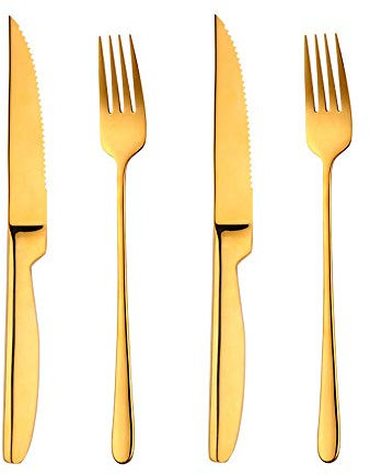 BISDARUN Steak Cutlery Set - Gold Serrated Steak Knives X2 & Dinner Forks X2, Stainless Steel, Dishwasher Safe