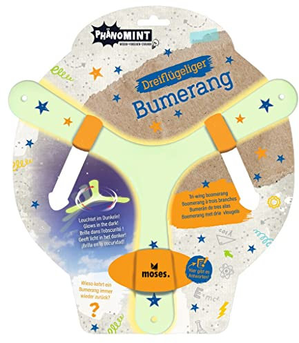 moses. 30320 PhänoMINT Bumerang, Wurfspiel für Kinder, Im Dunkeln leuchtender Boomerang, Dreiflügelig und mit spannenden Informationen, nachtleuchtend, 1 Stück (1er Pack)