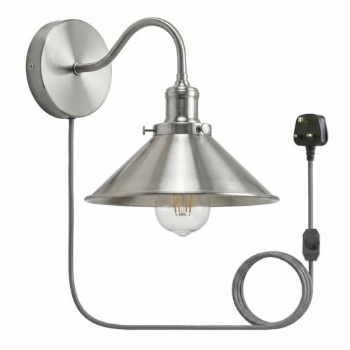 LEDSone Antique Brass Wall Sconce Plug in with Cord (Satin Nickel) | Industrial Gooseneck Wall Light Dimmer Switch | Vintage Wall Lamp Bedroom Headboard Living Room