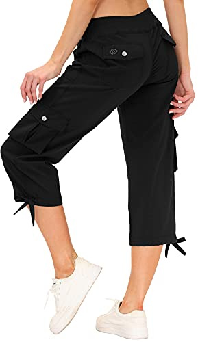 MoFiz Women's Hiking Capris Pants Lightweight Quick Dry Running Athletic Casual Outdoor Cargo Pants for Women Pockets Black L