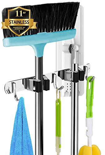 AceMining Besenhalterung Wand, 3 Halter + 4 Haken Edelstahl Gerätehalter | wandhalterung besen: Nagelmontage und starke Klebepads; lange Stiele bleiben geordnet.