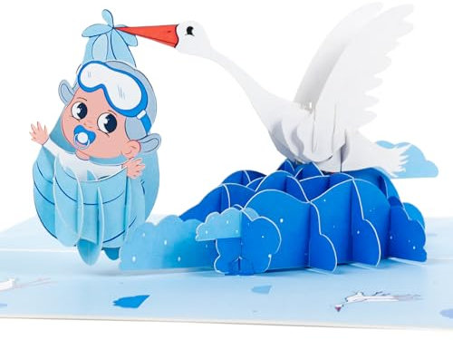LIMAH® Pop Up Glückwunschkarte zur Geburt Junge/Baby Karte, Geschenk Karte, its a boy/In Blau/Motiv Storch mit Baby