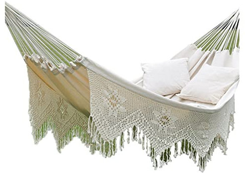 WSZGR Luxus-Hängematte mit Fransen, Hängematte Outdoor, Weiß Hängematte Baumwolle Hängematte mit Tragetasche für Indoor Balkon Garten Reisen Camping Strand mit Kissen（240 * 160cm）