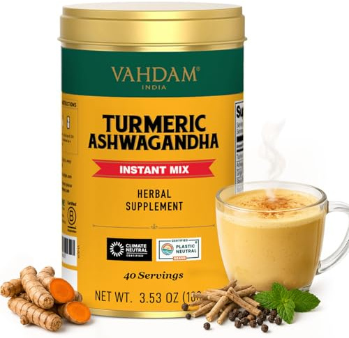 VAHDAM Leche Dorada en Polvo con Cúrcuma y Ashwagandha | Latte Sin Cafeína Sin Gluten | 100g 40 Tazas | Bebida Natural | Caliente o Frío