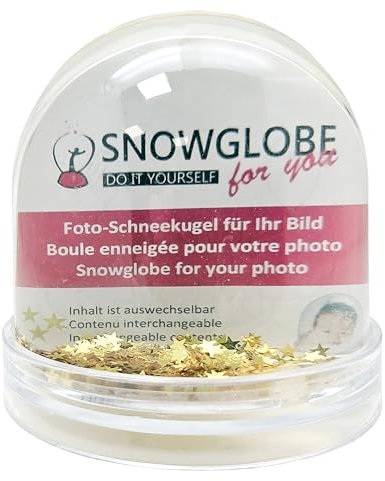 Foto-Schneekugel groß | Inhalt Gold Sterne Glitzersterne | mit 2 x Bild | Sockel transparent | B: 9 cm H: 8 cm | Foto-Geschenk Goldstern Bilderrahmen | 2 Malvorlagen | 50012
