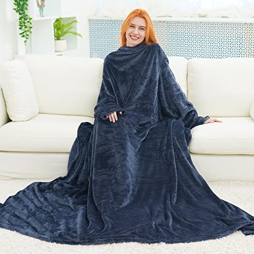 FARFALLAROSSA BataManta Mujer Polar Hombre Otoño Invierno, Manta con Mangas y Bolsillos Frontal, Blanket de Tejido Felpa Suave y Acogedor Azúl 170x200 cm