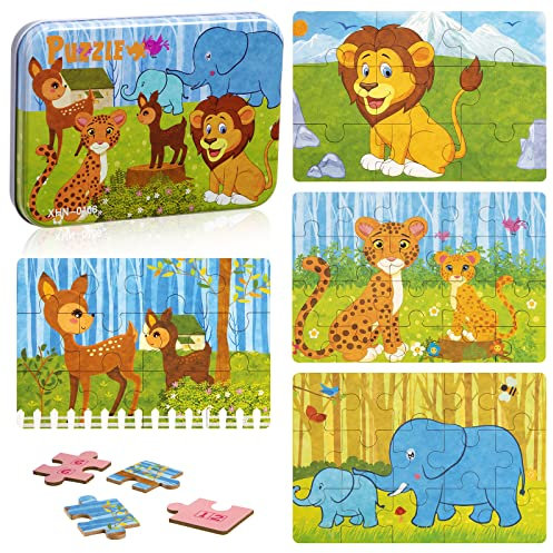Kinderpuzzle, Holzpuzzle Kinder 64 Teile, 4 Bilds Puzzles, Gehirntraining Spielzeug Schwierigkeitsgrade Lernspielzeug Geschenk für Mädchen Jungen ab 3 4 5 Jahren (Löwe)