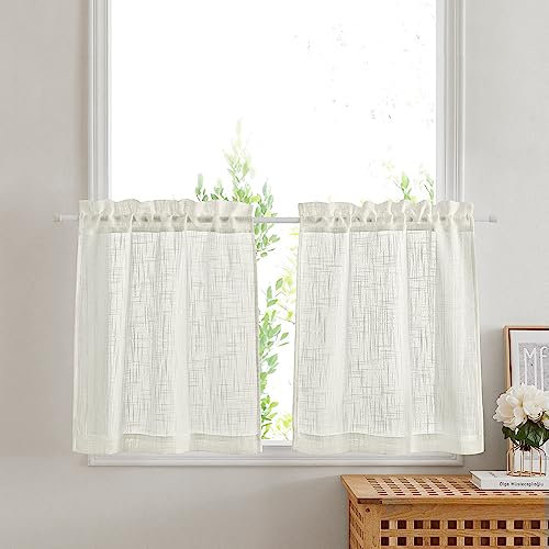 PONY DANCE Kurze Gardinen für Küche Fenster Scheibengardinen mit Stangedurchzug im Landhausstil 2-Set B 60 x H 45 cm Vorhang Creme Halbtransparent Leinenoptik, Hellbeige